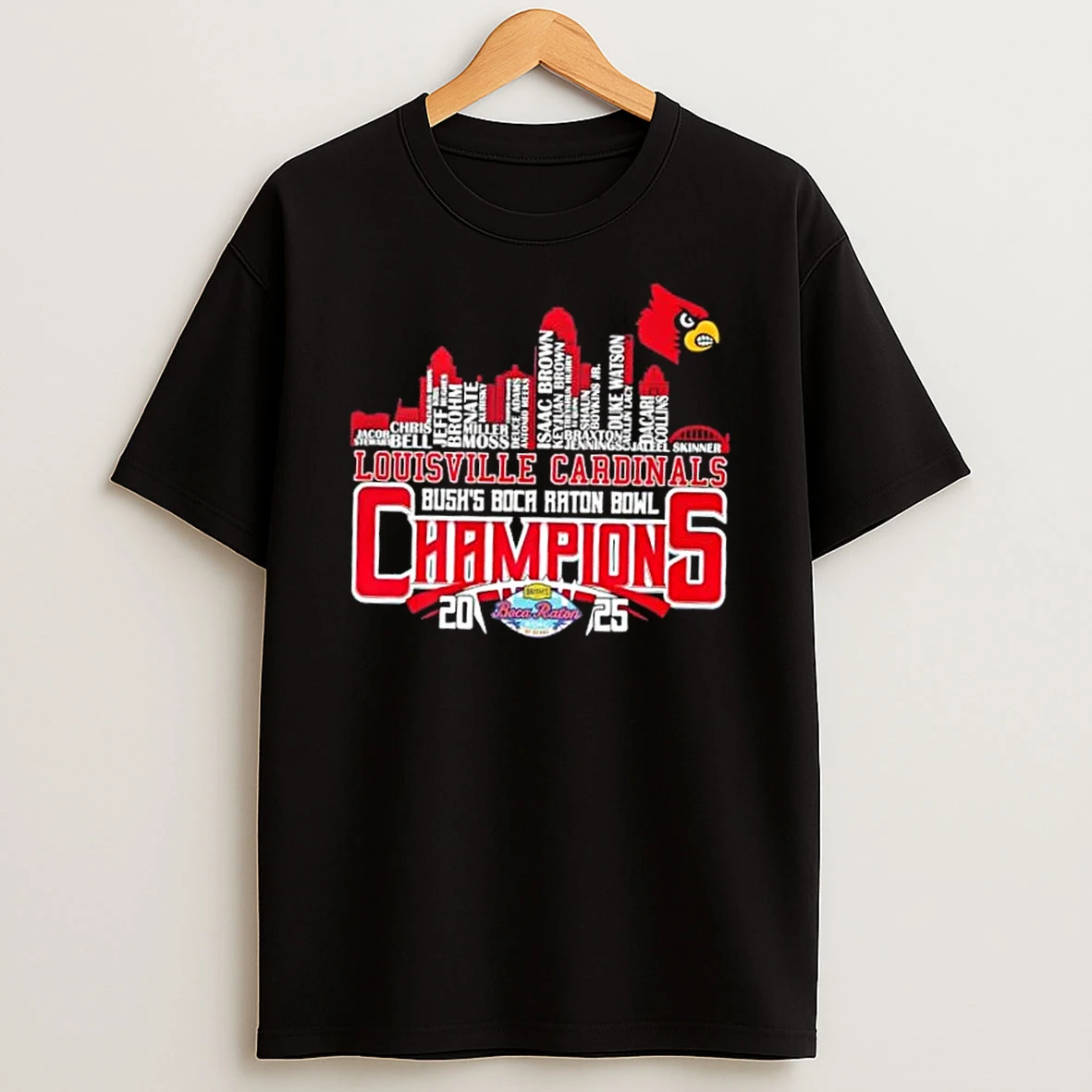 2025 Bushs Boca Raton Bowl Champions Louisville Cardinals All Names City Skyline T Shirt