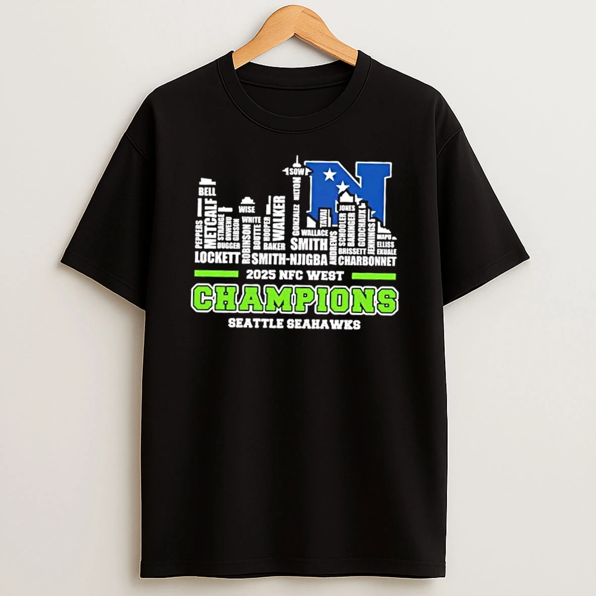2025 Nfc West Champions Seattle Seahawks All Names City Skyline T Shirt