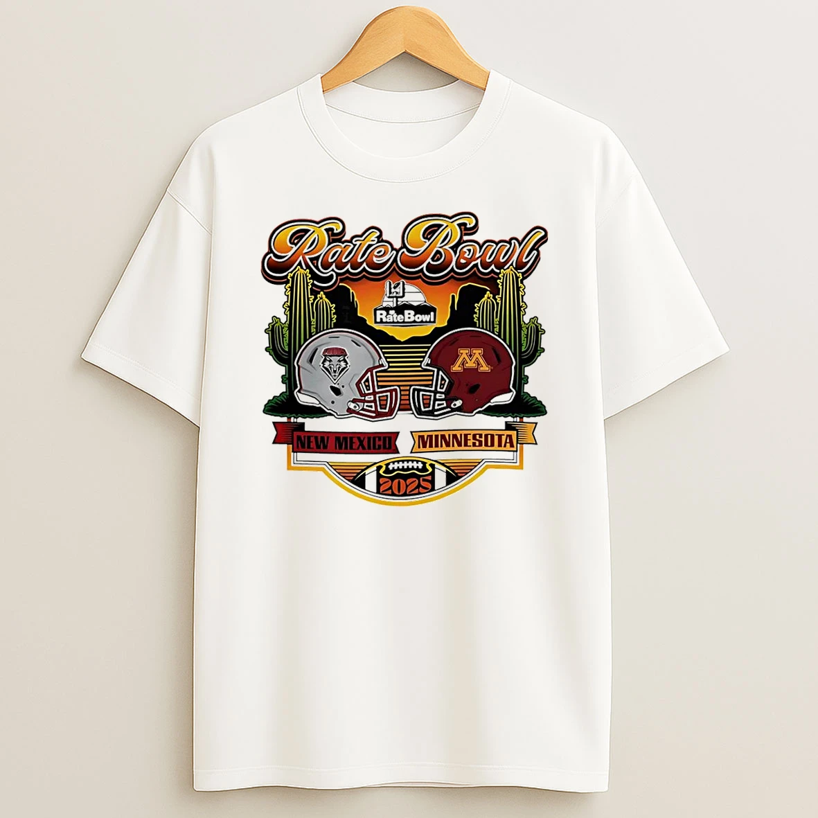 2025 Rate Bowl Cactus Clash New Mexico Lobos Vs Minnesota Golden Gophers Matchup T Shirt