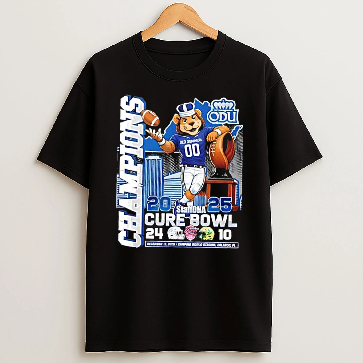2025 Staffdna Cure Bowl Champions Old Dominion Monarchs Mascot T Shirt