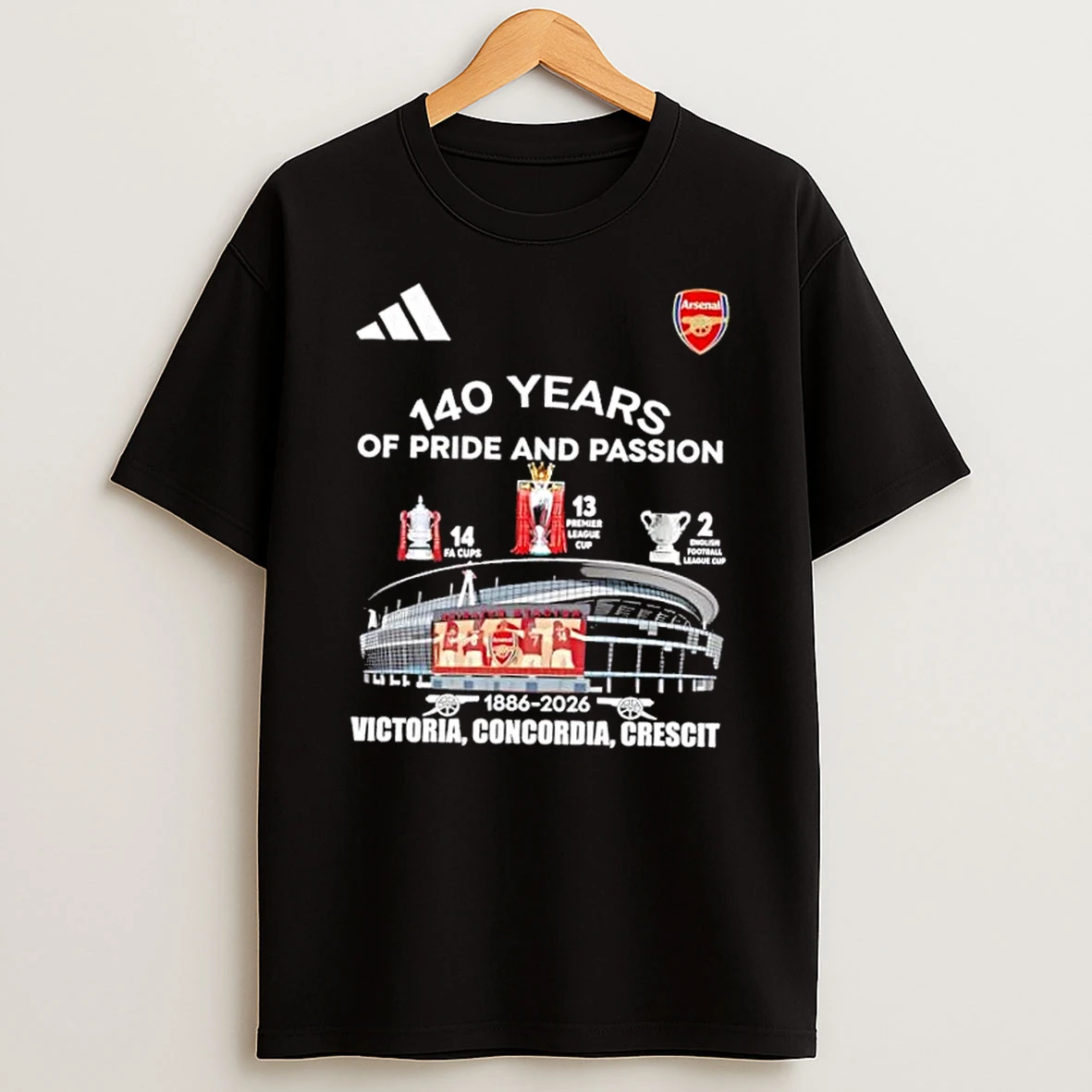 Arsenal Fc Stadium 140 Years Of Pride And Passion 1866 2026 Victoria Concordia Crescit T Shirt