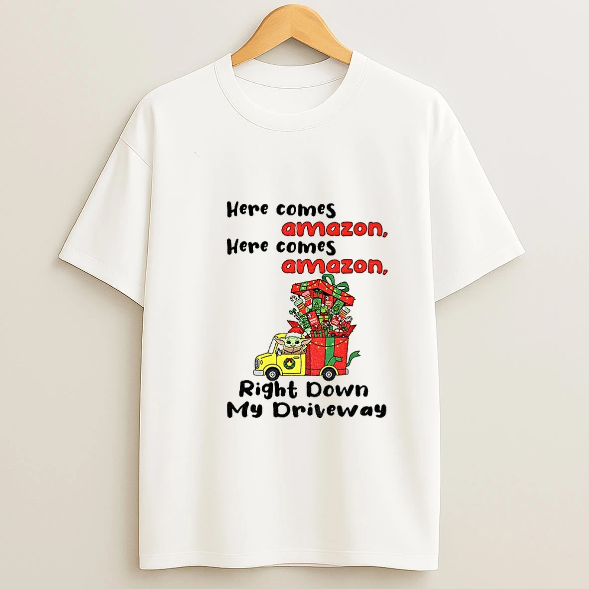 Baby Yoda Here Comes Amazon Here Comes Amazon Right Down My Driveway Christmas T Shirt