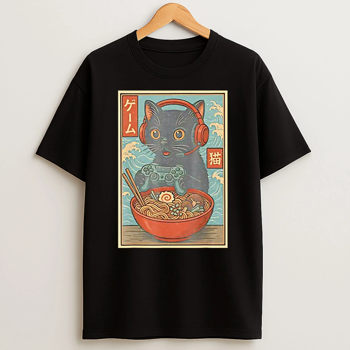 Black Japanese Cat Holding Gamepad And Wearing Head Phone Eat Ramen Retro T Shirt