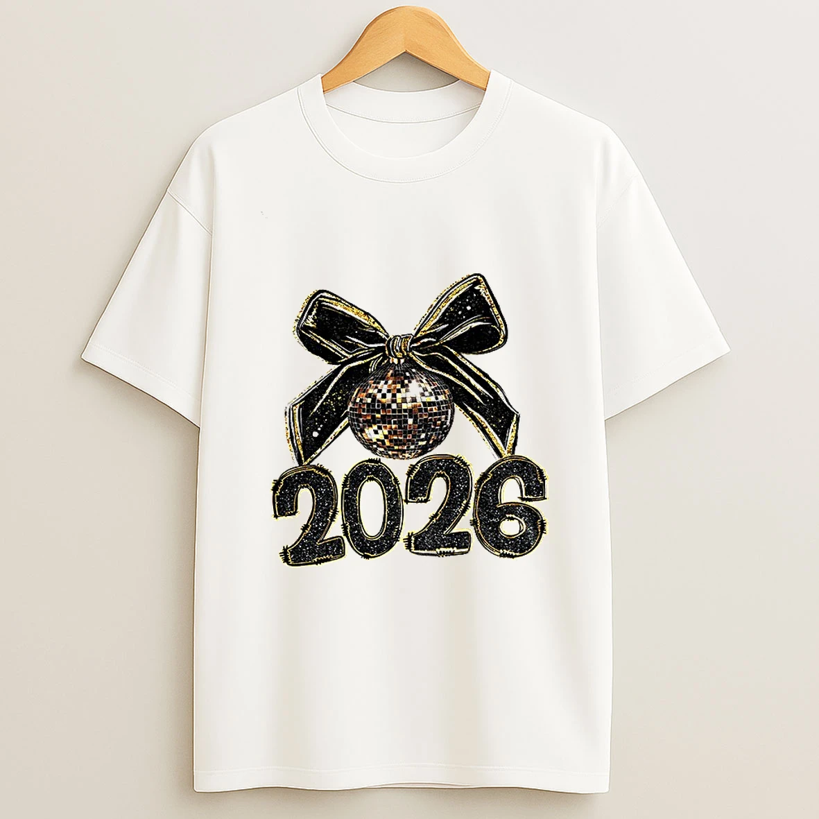 Black And Gold Sequins Glitter Faux Sparkly Happy New Year 2026 T Shirt