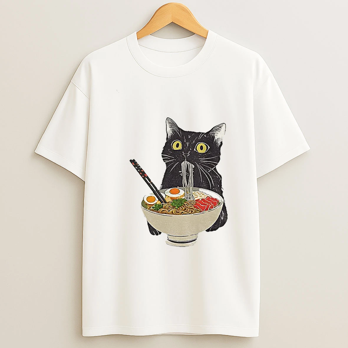 Black Cat Eating Ramen Japan T Shirt