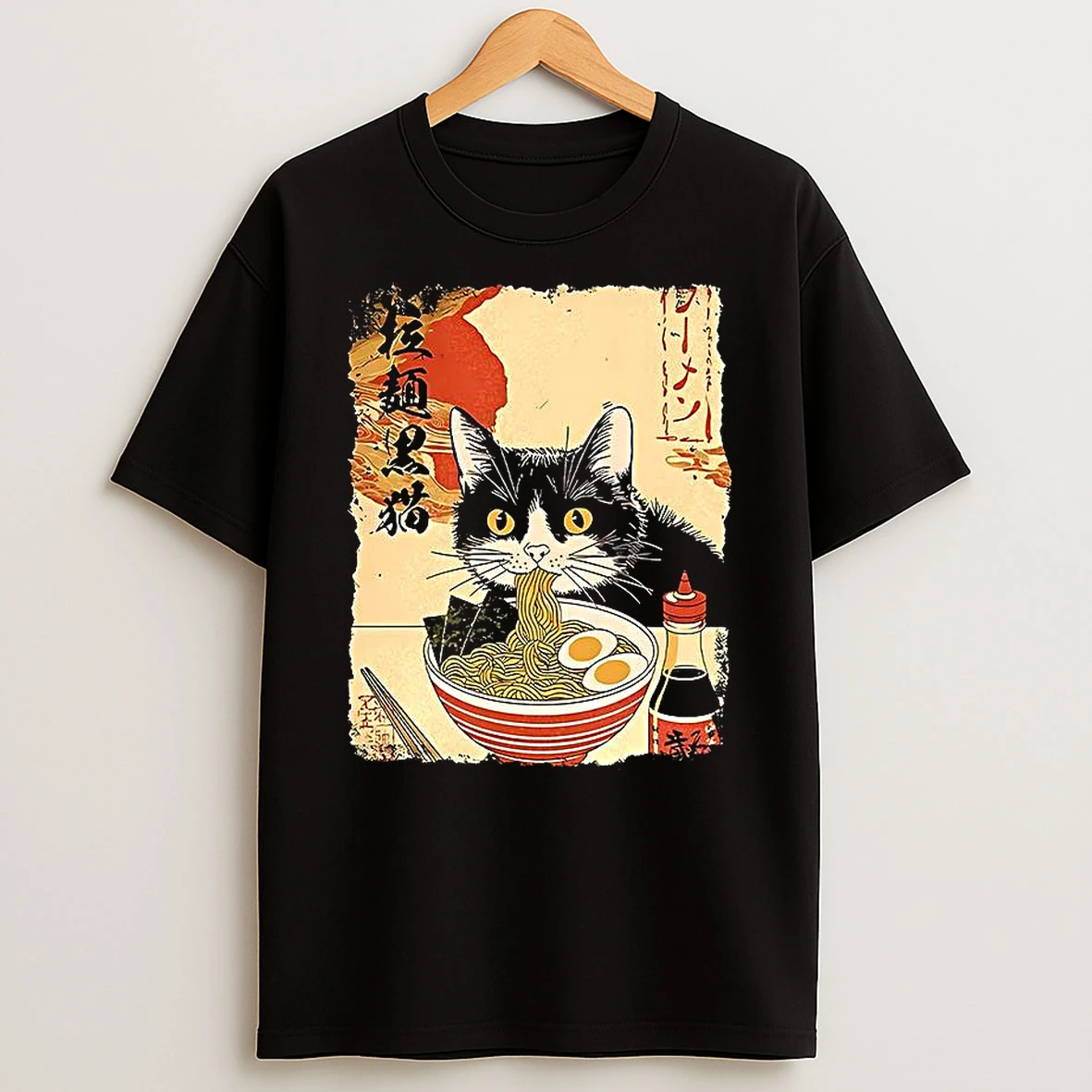 Black Cat Eats Ramen Japanese Ukiyo E Retro T Shirt