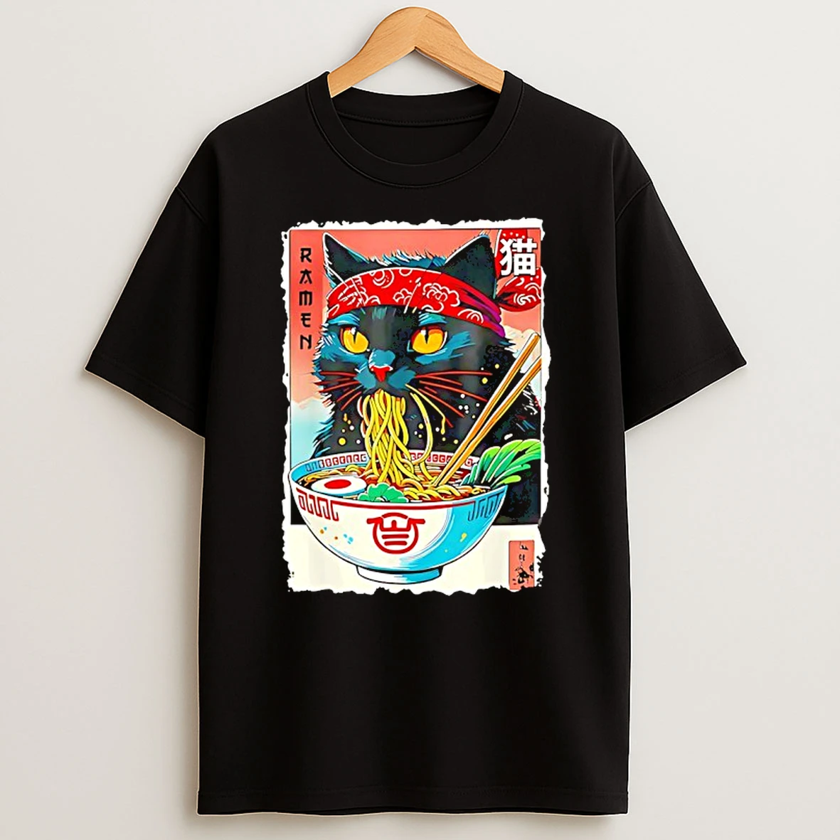 Black Cat Weaing Headband And Eating Ramen Japanese Kawaii T Shirt