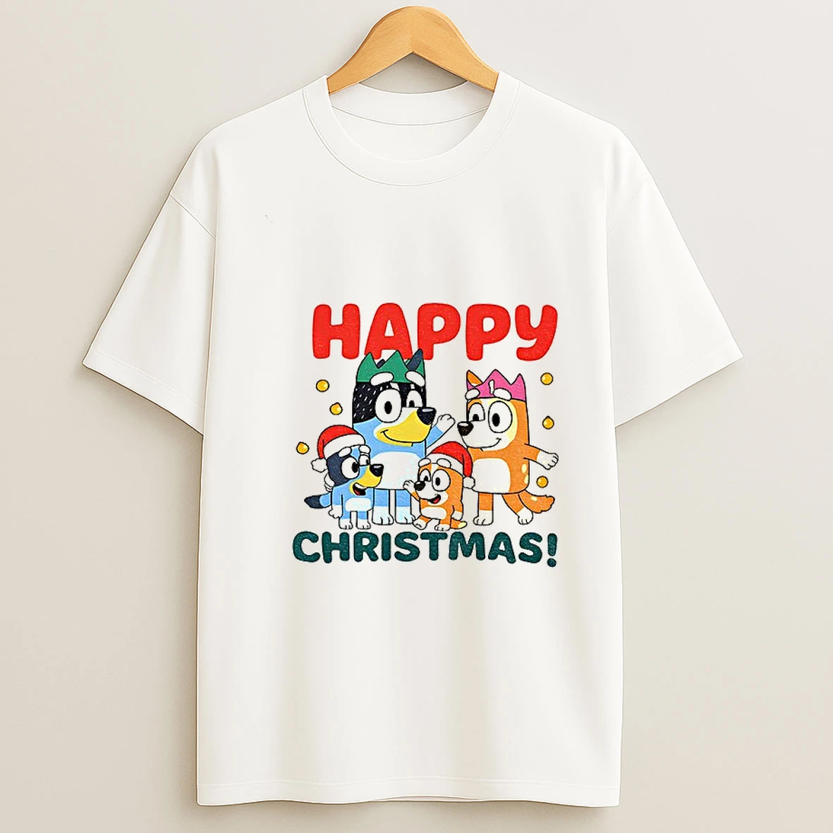 Bluey Family Santa Hat Happy Christmas T Shirt
