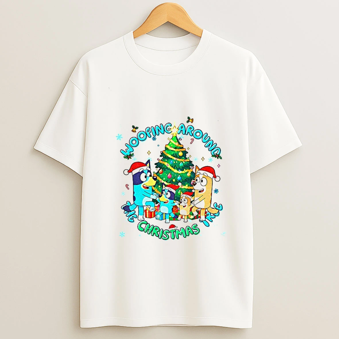 Bluey Family Santa Hat Woofing Around The Christmas Tree Merry Christmas T Shirt