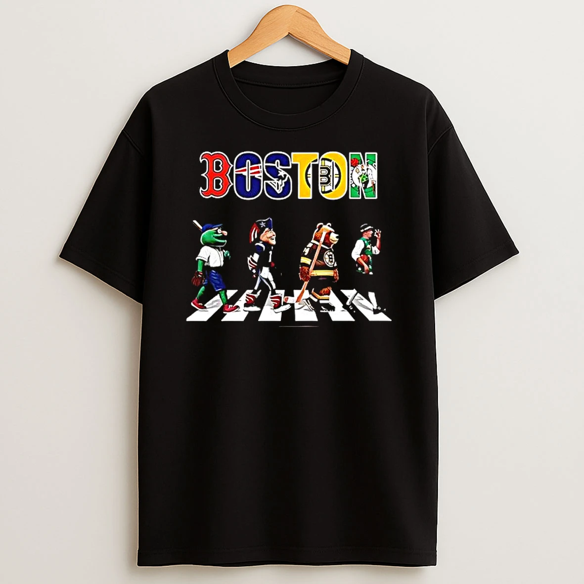 Boston Sports Red Sox Vs New England Patriots Vs Bruins Vs Celtics Mascots Abbey Road T Shirt