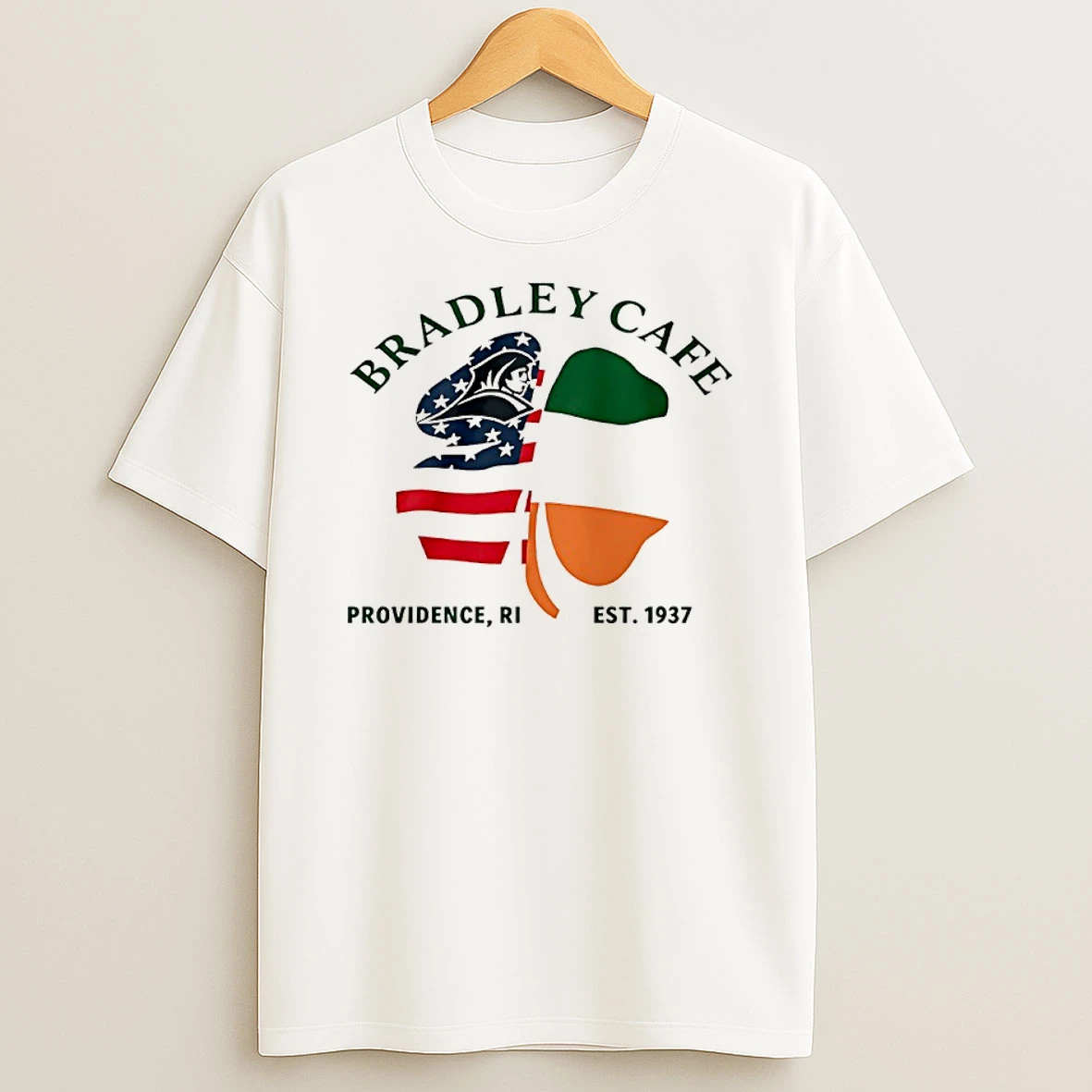 Bradley Cafe Providence Ri Est 1937 Shamrock Usa Ireland Flag T Shirt