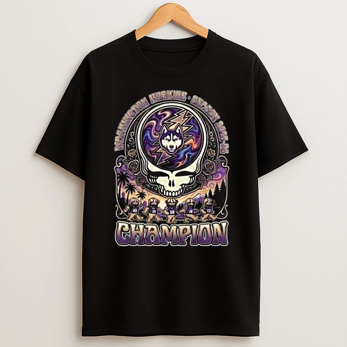 Bucked Up La Bowl Hosted By Gronk Ncaa College Football Season 2025 26 Washington Huskies X Grateful Dead Skull Logo Champion Celebration Winner T Shirt