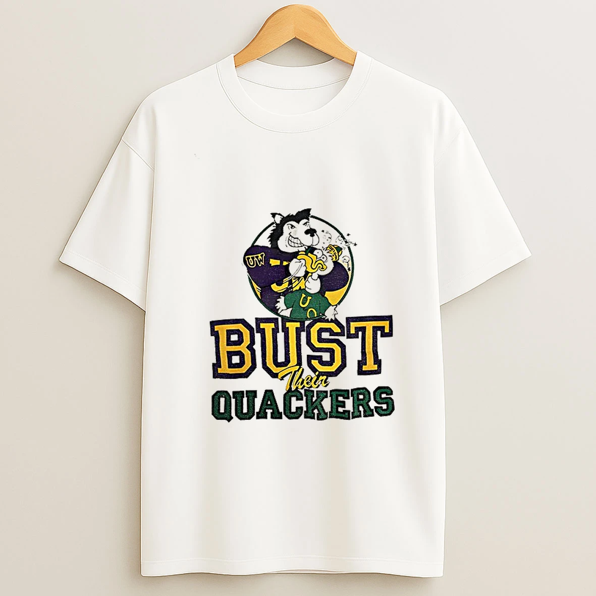 Bust Their Quackers Washington Huskies Beat Oregon Ducks Mascot T Shirt