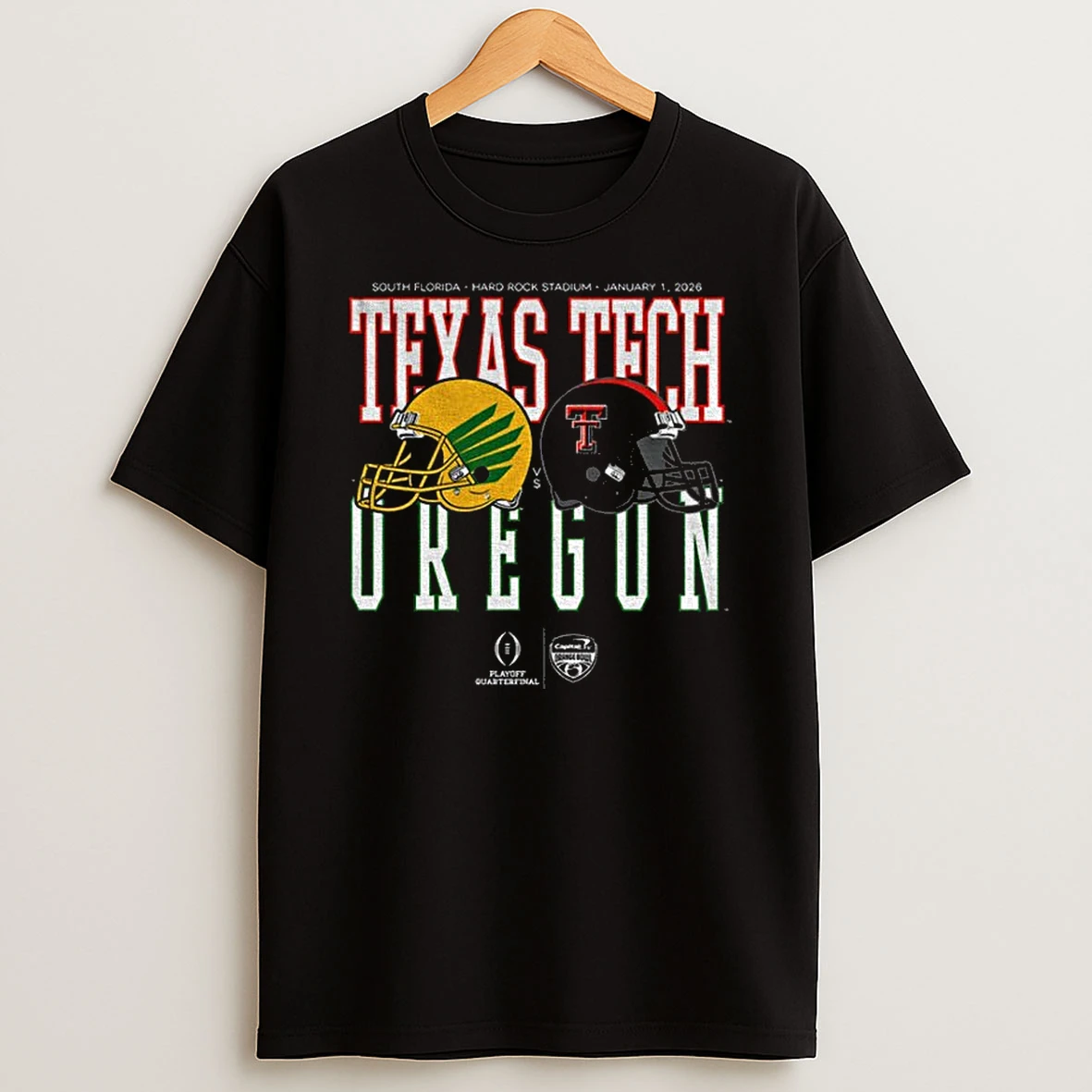 Capital One Orange Bowl 2026 Oregon Ducks Vs Texas Tech Helmet Matchup T Shirt