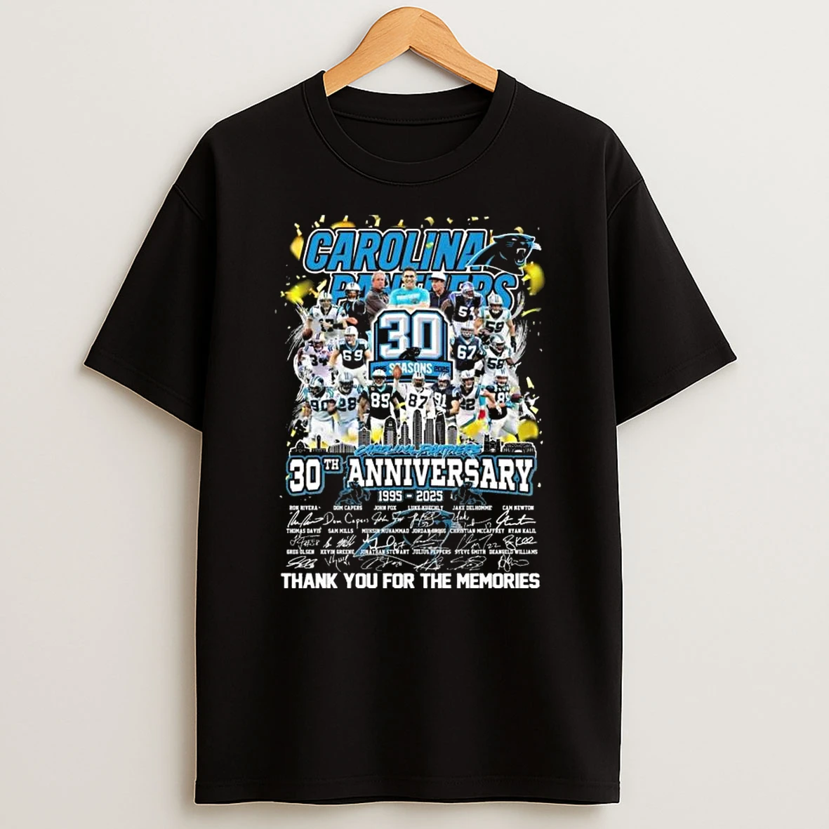 Carolina Panthers 30 Seasons 30th Anniversary 1995 2025 Players Signatures Thank You For The Memories T Shirt
