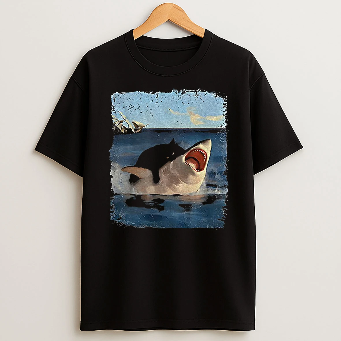 Cat Bites Shark Funny Meme Vintage T Shirt