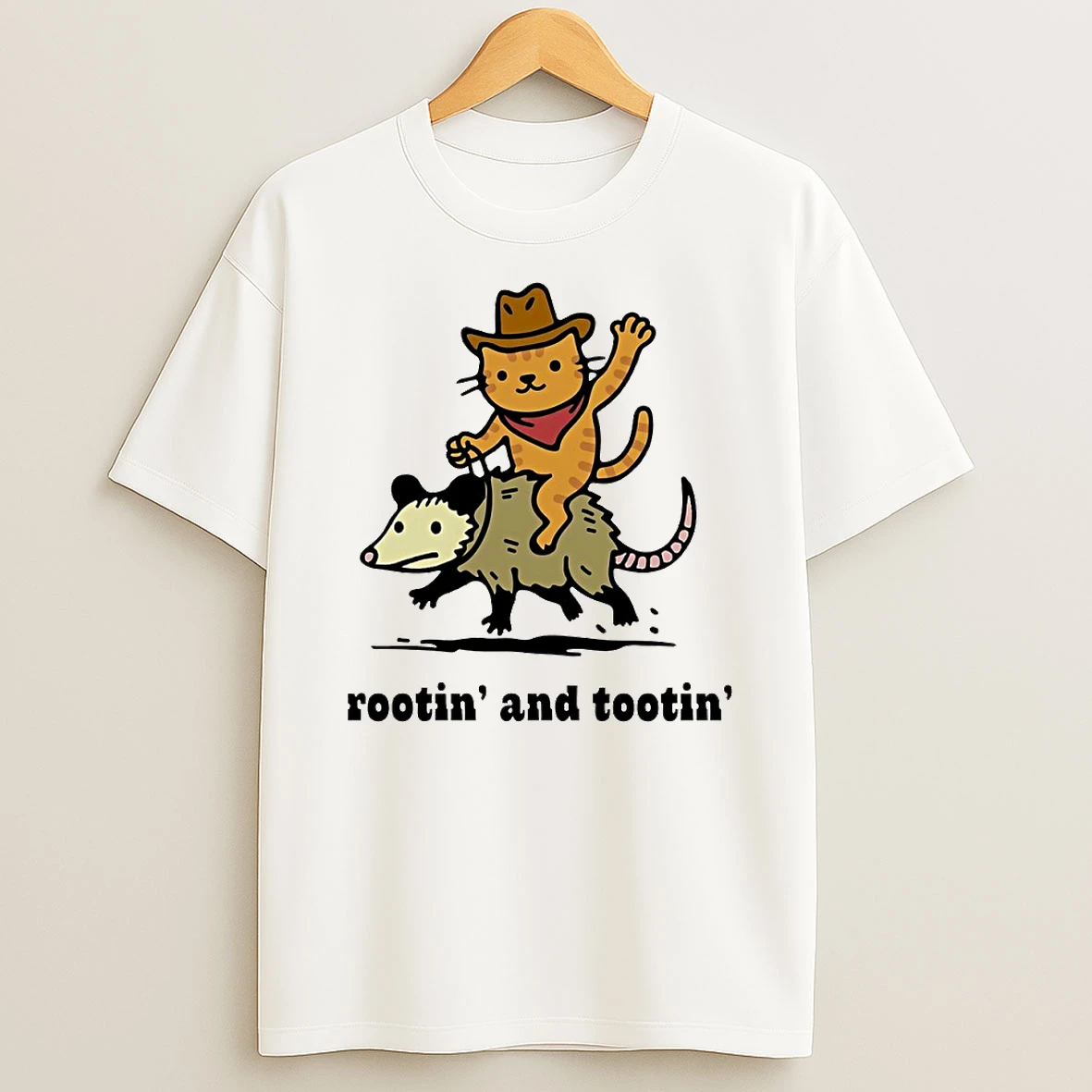 Cat Riding Opossum Rootin And Tootin Circle T Shirt