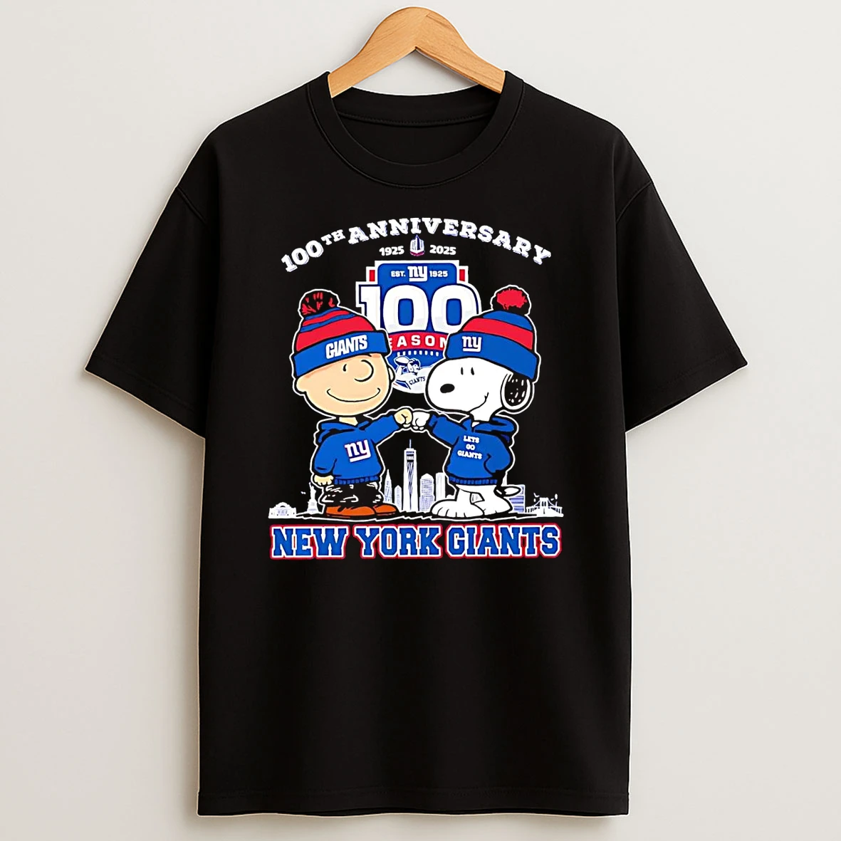 Charlie Brown Snoopy Fist Pump 100th Anniversary 1925 2025 Ny Giants T Shirt
