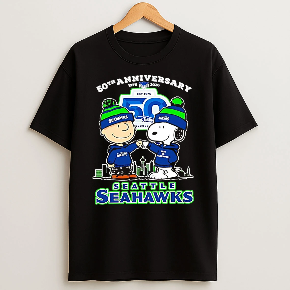 Charlie Brown Snoopy Fist Pump 50th Anniversary 1976 2025 Seattle Seahawks T Shirt