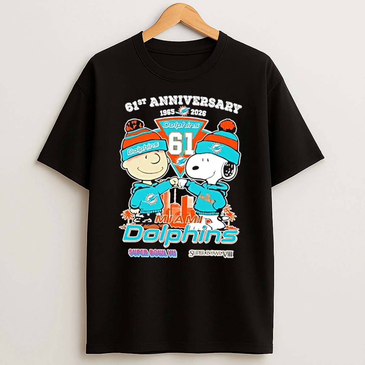 Charlie Brown And Snoopy 61st Anniversary 1965 2026 Miami Dolphins Football Skyline T Shirt