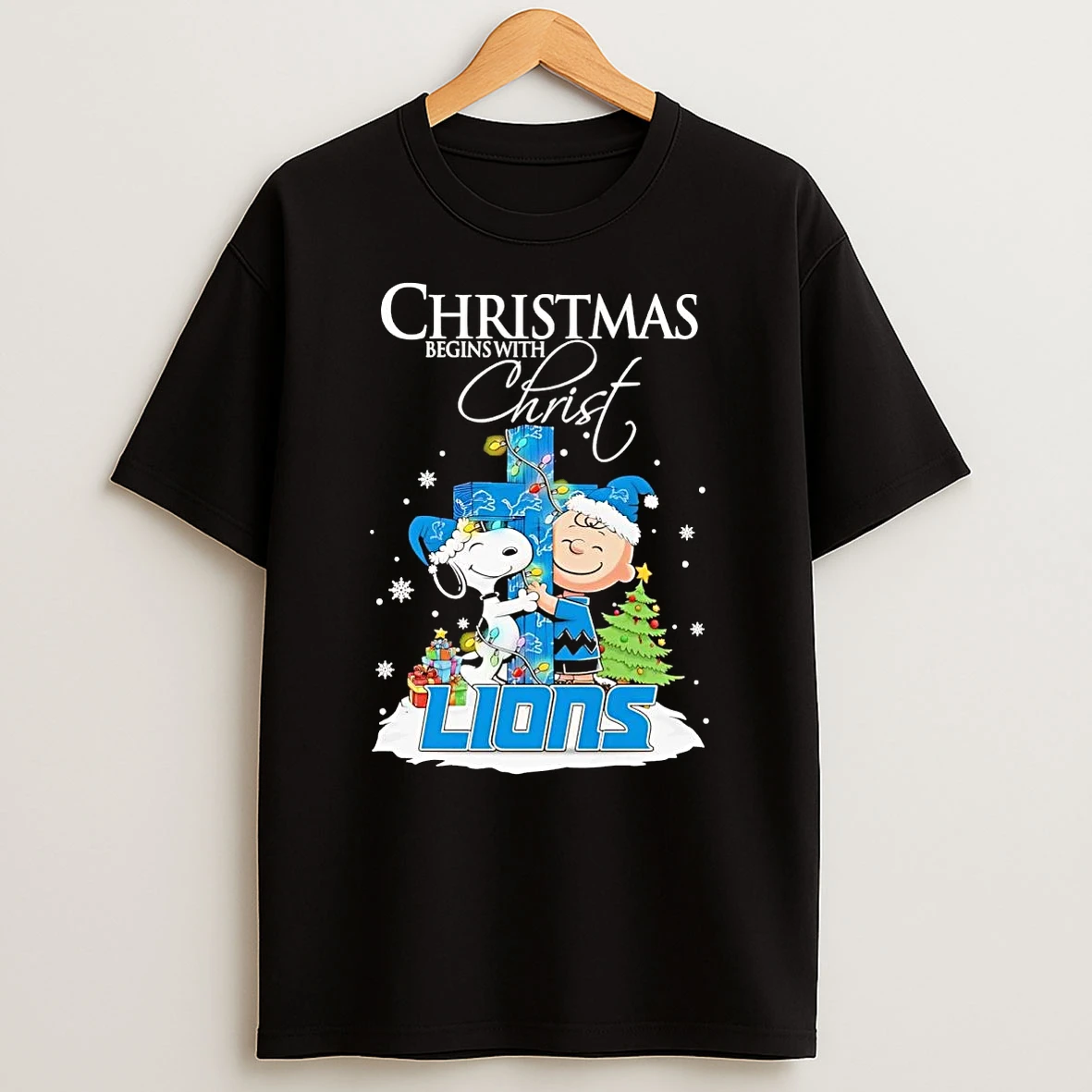 Charlie Brown And Snoopy Christmas Begin With Christ Detroit Lions T Shirt