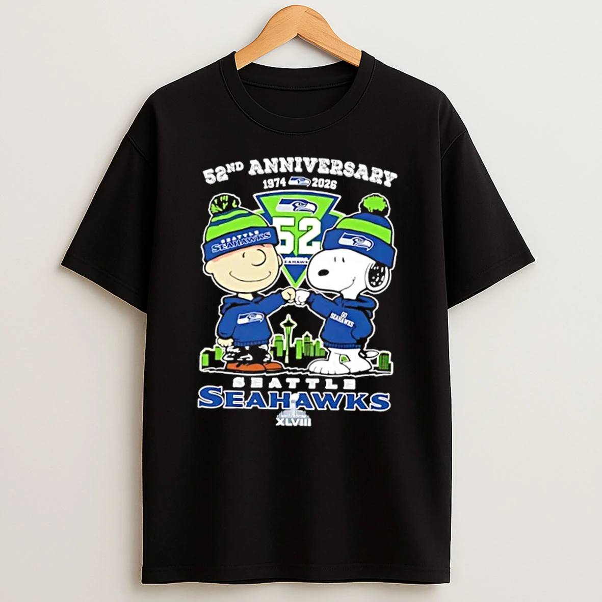 Charlie Brown And Snoopy Super Bowl 52nd Anniversary 1974 2026 Seattle Seahawks Football Skyline T Shirt