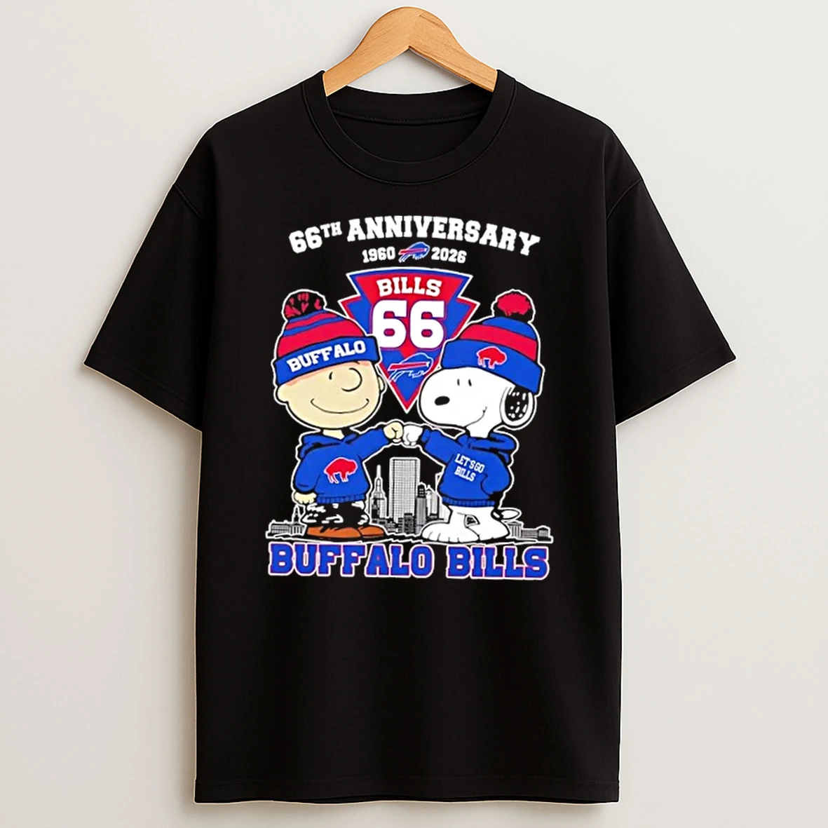 Charlie Brown And Snoopy Super Bowl 66th Anniversary 1960 2026 Buffalo Bills Football Skyline T Shirt
