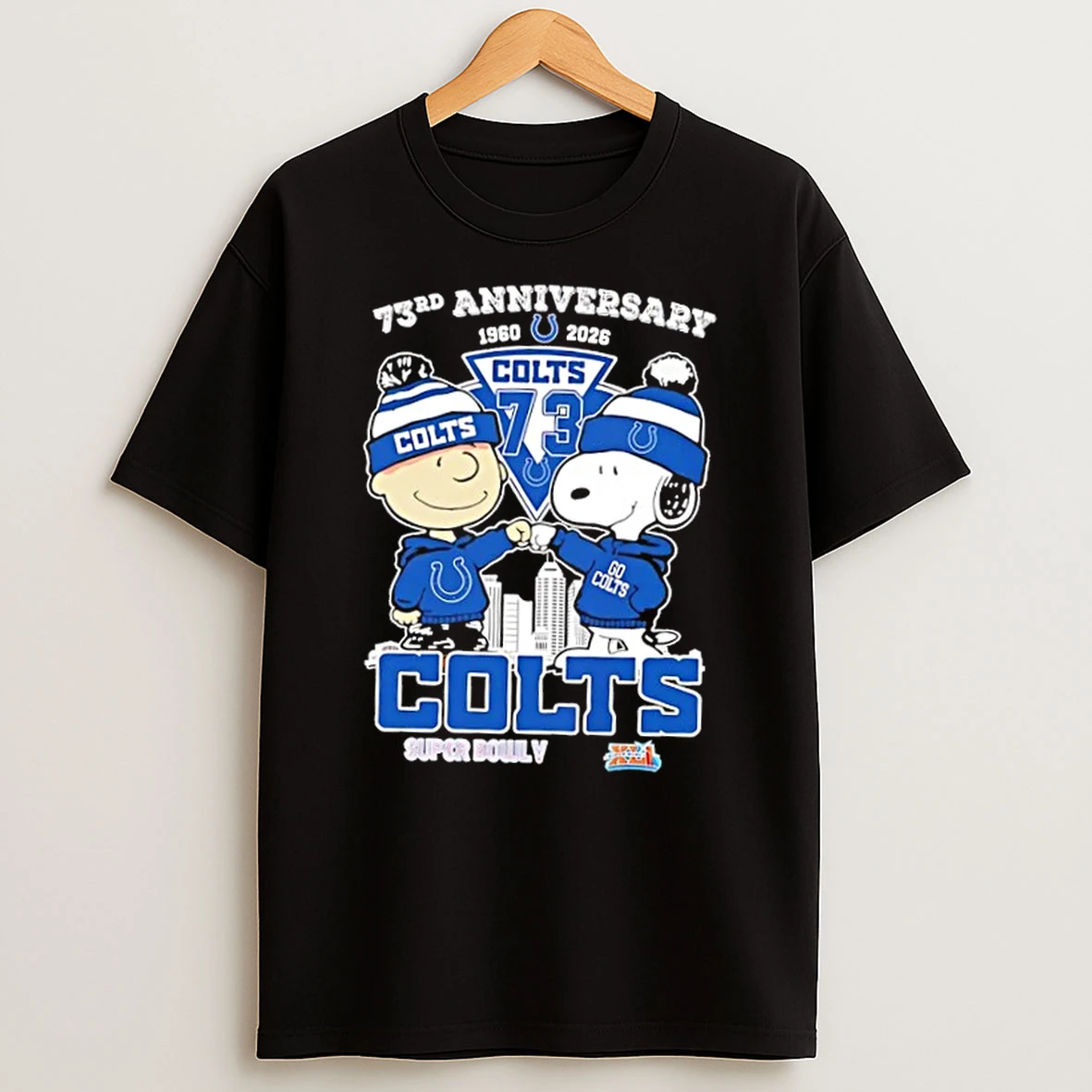 Charlie Brown And Snoopy Super Bowl 73rd Anniversary 1960 2026 Indianapolis Colts Football Skyline T Shirt
