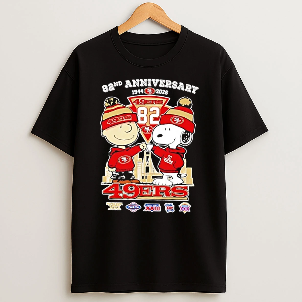 Charlie Brown And Snoopy Super Bowl 82nd Anniversary 1944 2026 San Francisco 49ers Football Skyline T Shirt