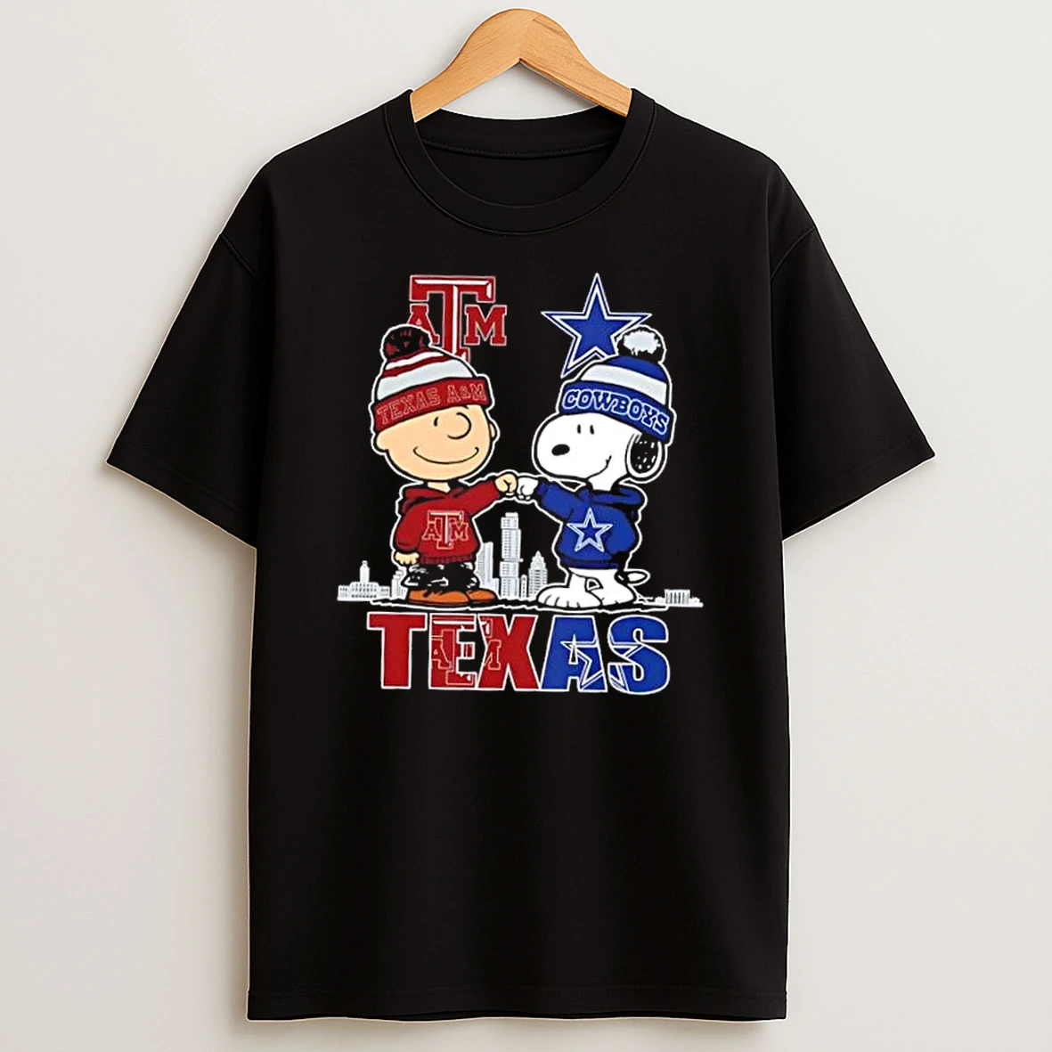 Charlie Brown And Snoopy Texas City Sports Am Aggies X Dallas Cowboys Skyline T Shirt
