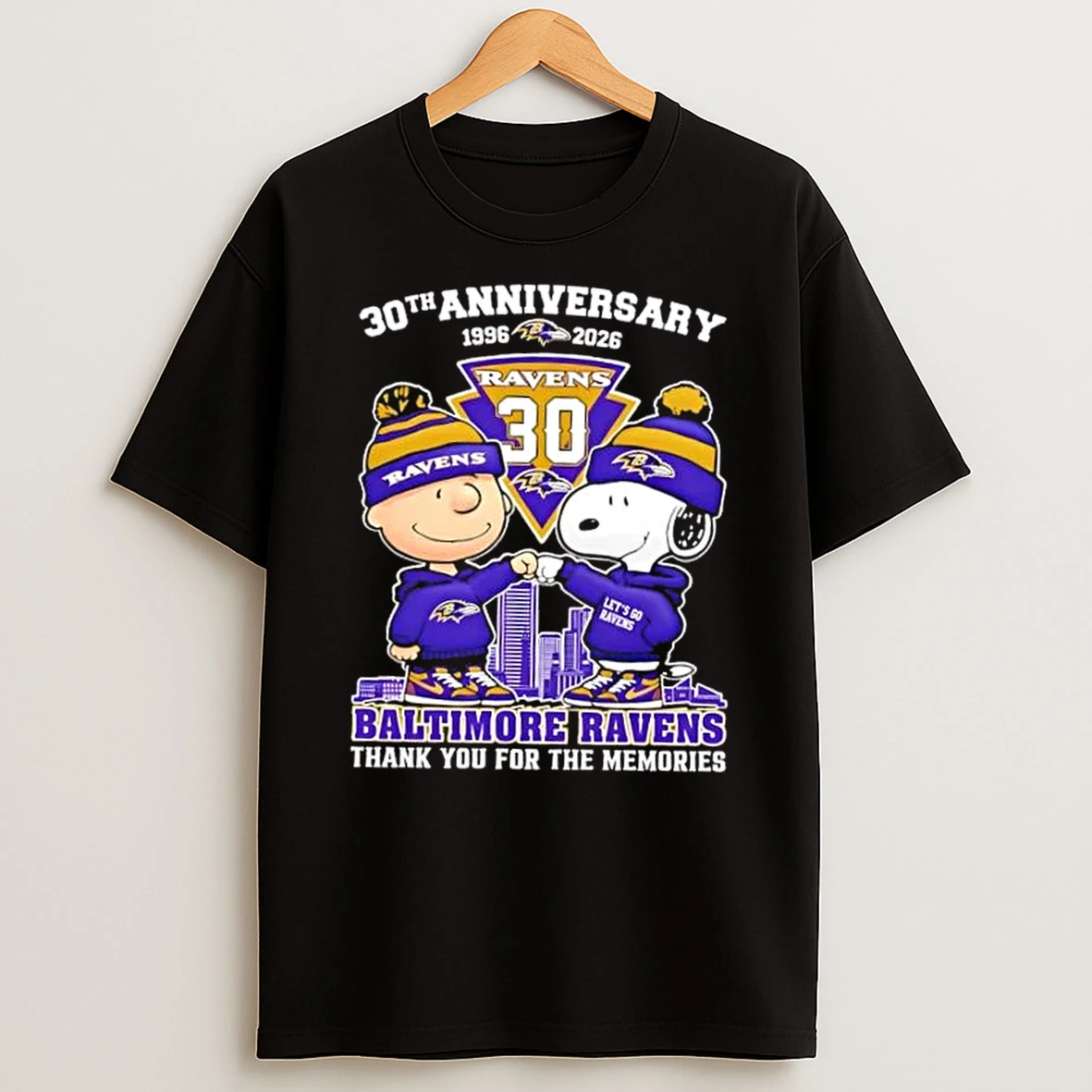 Charlie Brown Fist Bump Snoopy 30th Anniversary 1996 2026 Baltimore Ravens Thank You For The Memories Skyline T Shirt