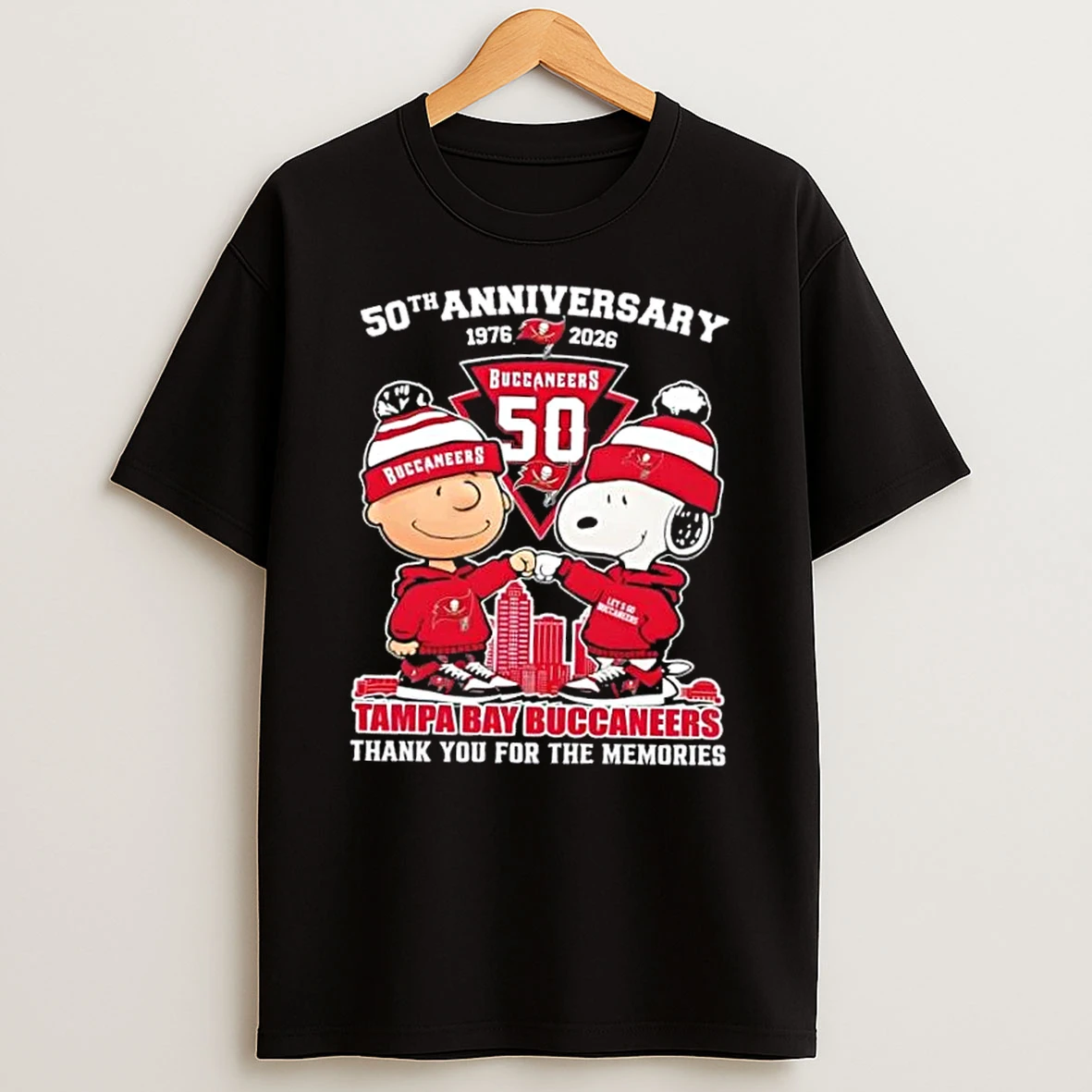Charlie Brown Fist Bump Snoopy 50th Anniversary 1976 2026 Tampa Bay Buccaneers Thank You For The Memories Skyline T Shirt