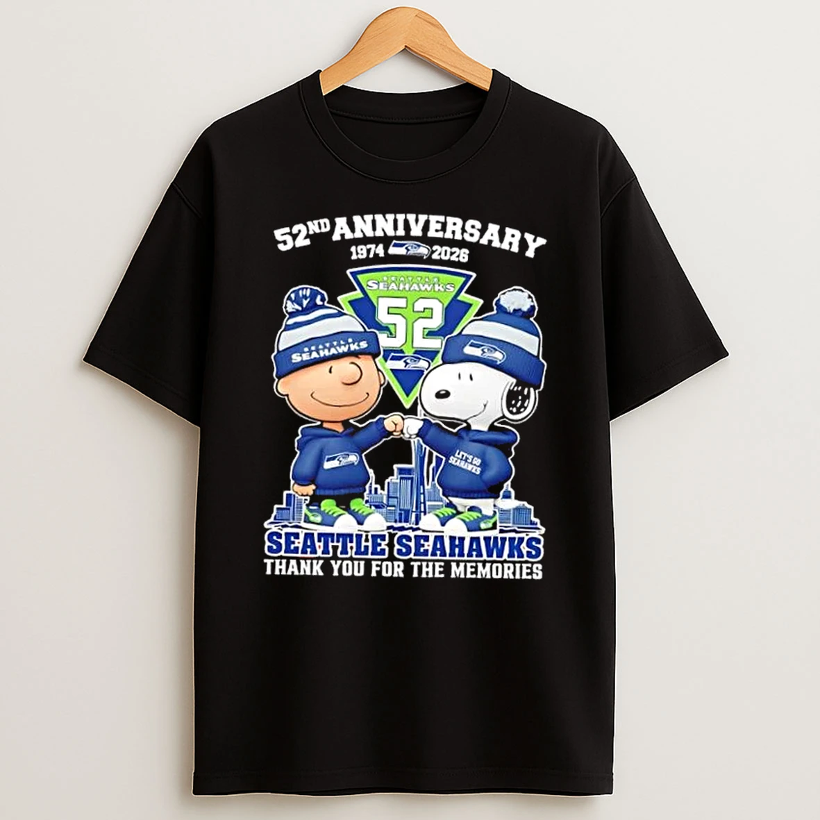 Charlie Brown Fist Bump Snoopy 52nd Anniversary 1974 2026 Seattle Seahawks Thank You For The Memories Skyline T Shirt