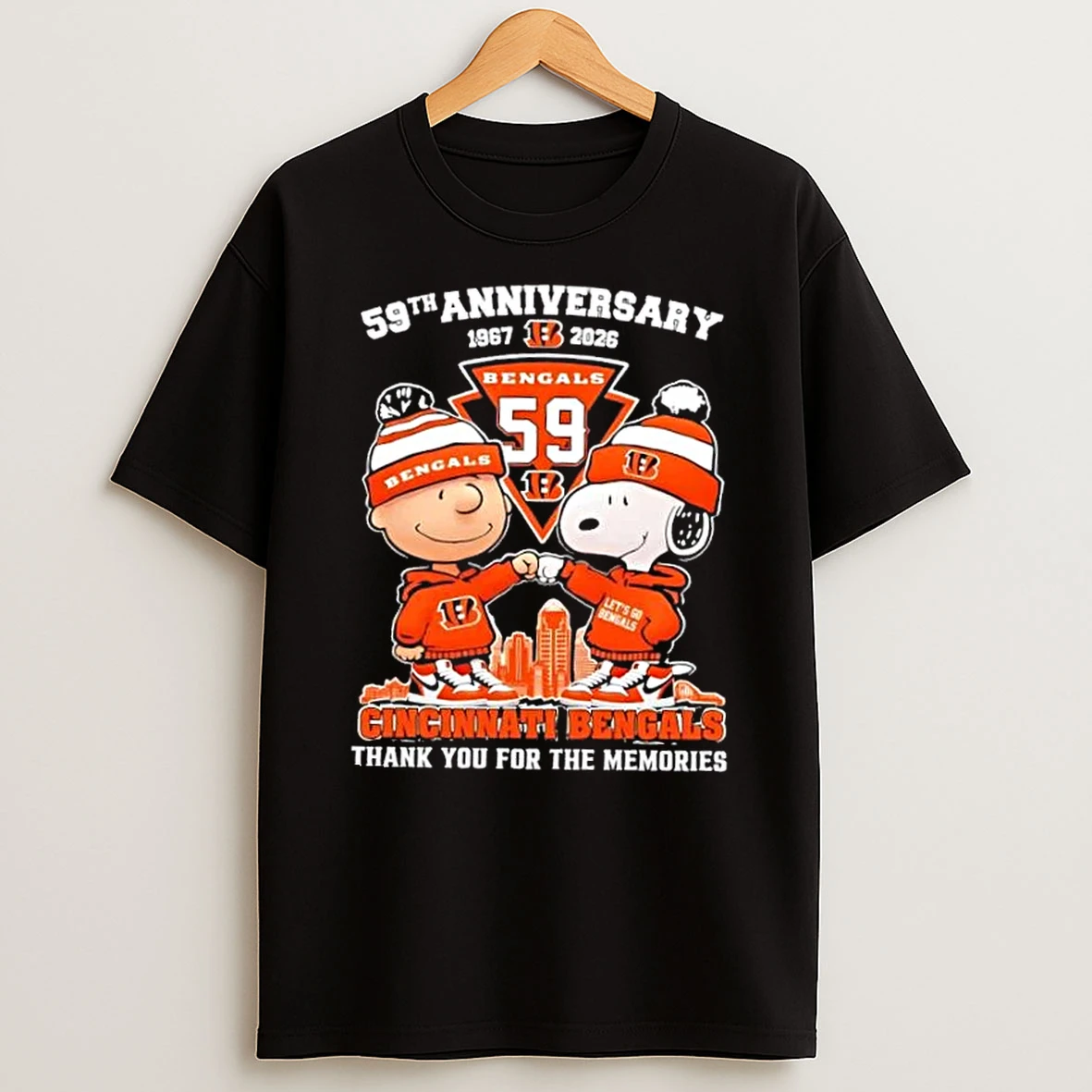 Charlie Brown Fist Bump Snoopy 59th Anniversary 1967 2026 Cincinnati Bengals Thank You For The Memories Skyline T Shirt