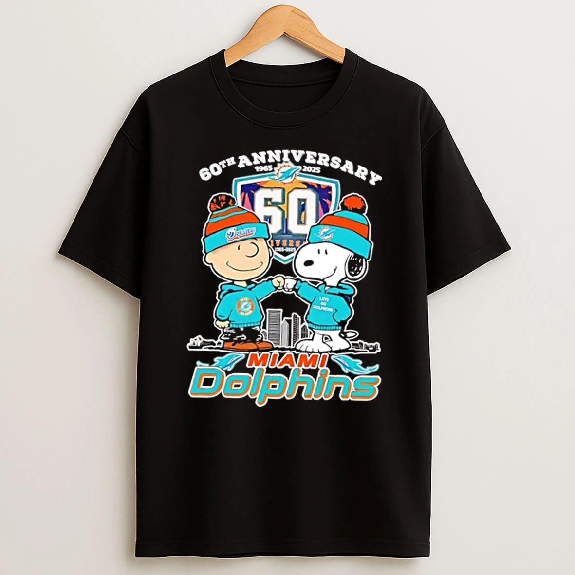 Charlie Brown Fist Bump Snoopy 60th Anniversary 1965 2025 Miami Dolphins Skyline T Shirt