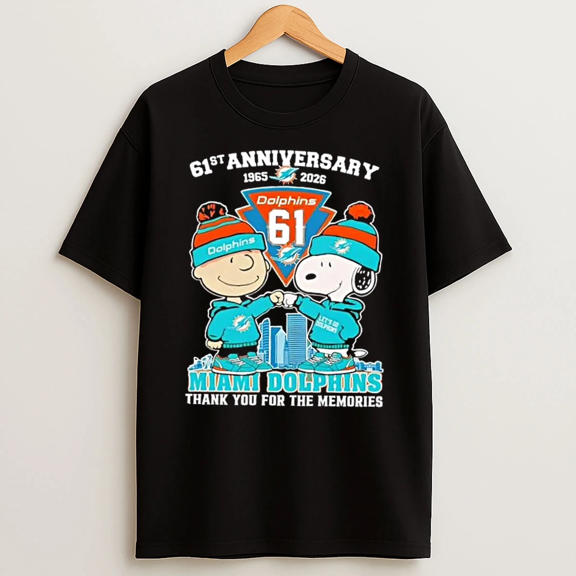 Charlie Brown Fist Bump Snoopy 61st Anniversary 1965 2026 Miami Dolphins Thank You For The Memories Skyline T Shirt