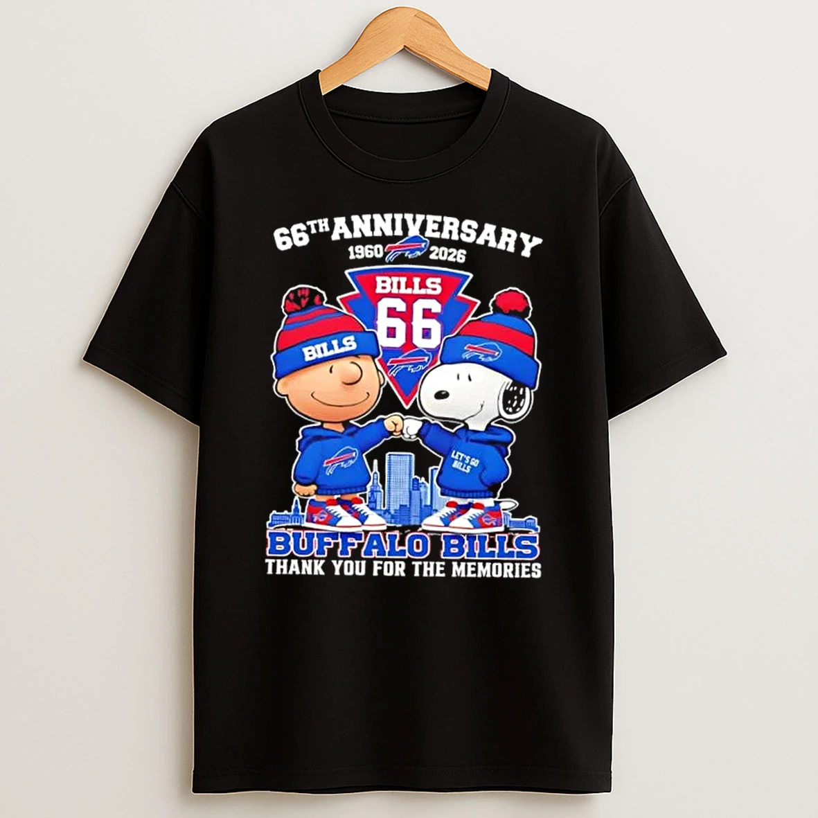 Charlie Brown Fist Bump Snoopy 66th Anniversary 1960 2026 Buffalo Bills Thank You For The Memories Skyline T Shirt