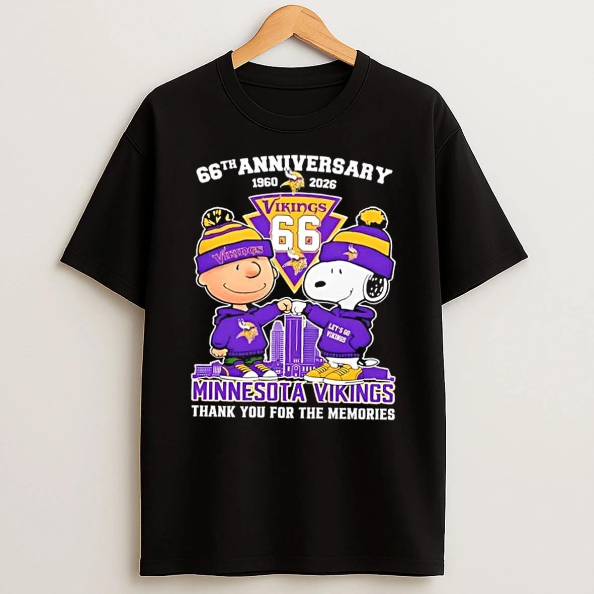 Charlie Brown Fist Bump Snoopy 66th Anniversary 1960 2026 Minnesota Vikings Thank You For The Memories Skyline T Shirt