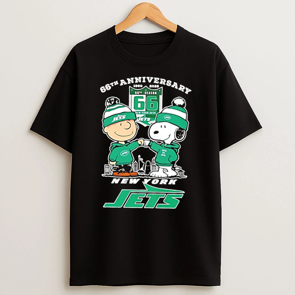 Charlie Brown Fist Bump Snoopy 66th Anniversary 1960 2026 New York Jets Skyline T Shirt