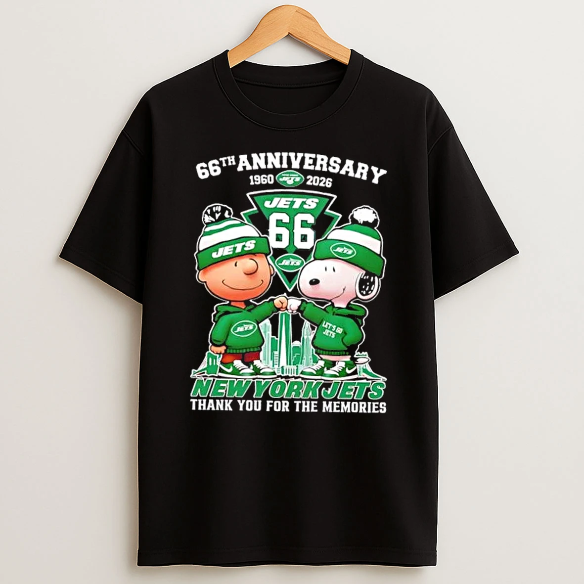 Charlie Brown Fist Bump Snoopy 66th Anniversary 1960 2026 New York Jets Thank You For The Memories Skyline T Shirt