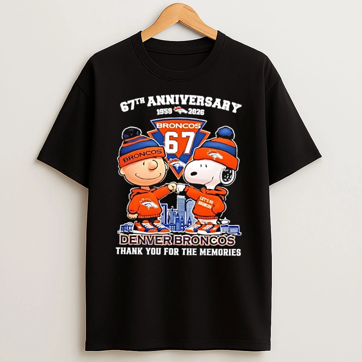 Charlie Brown Fist Bump Snoopy 67th Anniversary 1959 2026 Denver Broncos Thank You For The Memories Skyline T Shirt