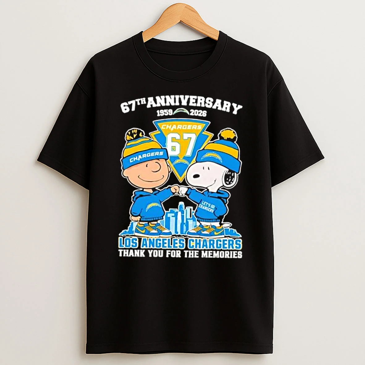 Charlie Brown Fist Bump Snoopy 67th Anniversary 1959 2026 Los Angeles Chargers Thank You For The Memories Skyline T Shirt