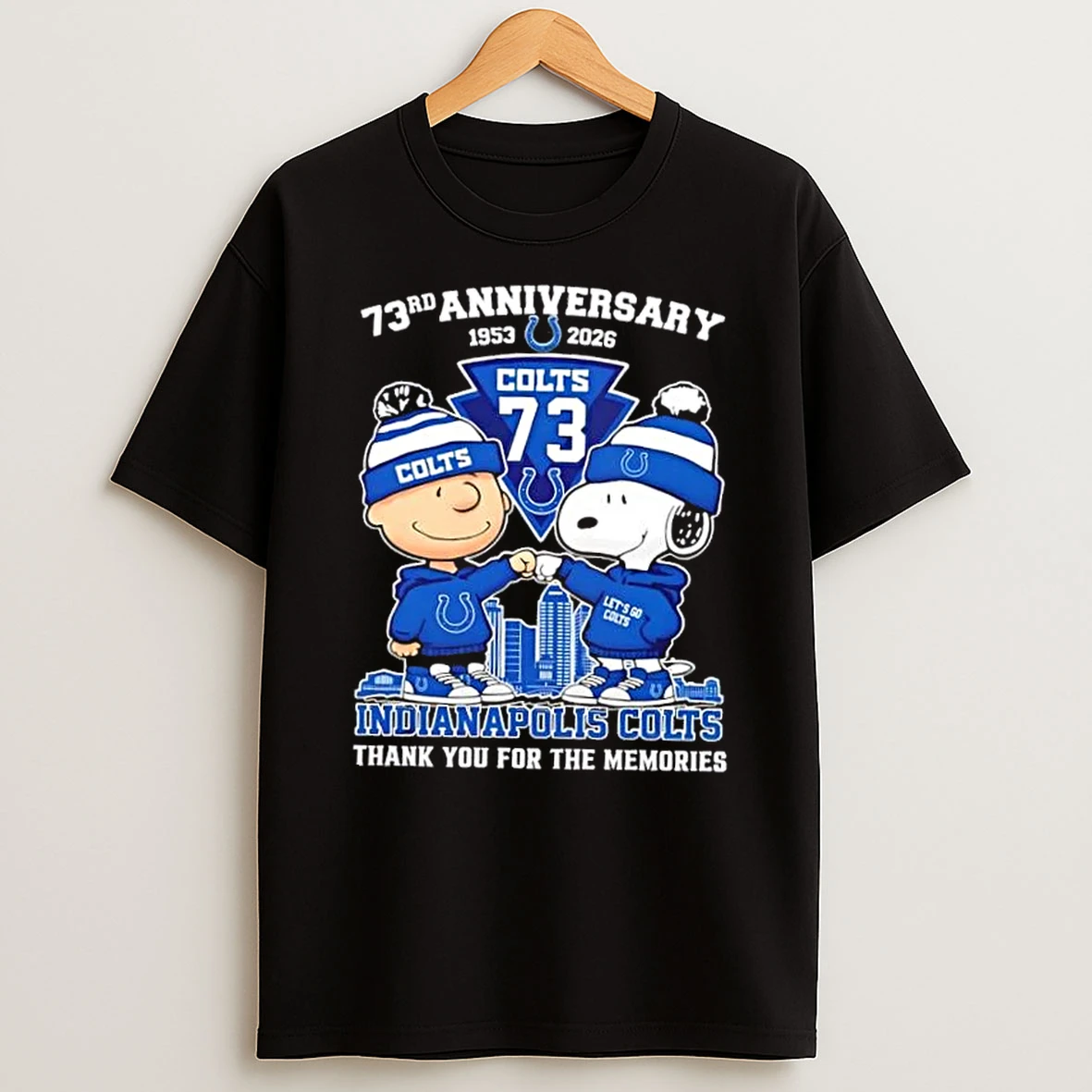 Charlie Brown Fist Bump Snoopy 73rd Anniversary 1953 2026 Indianapolis Colts Thank You For The Memories Skyline T Shirt