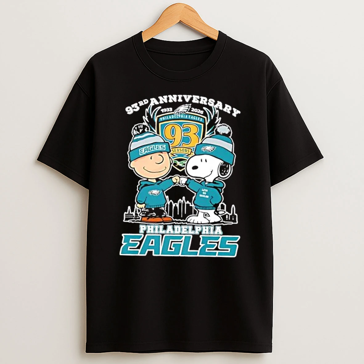Charlie Brown Fist Bump Snoopy 93rd Anniversary 1933 2026 Philadelphia Eagles Skyline T Shirt
