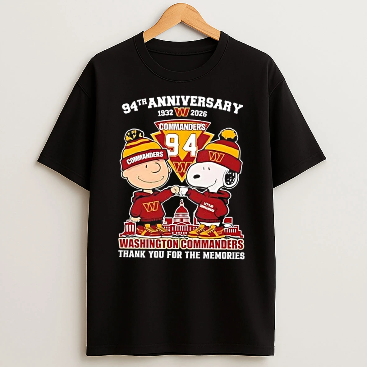 Charlie Brown Fist Bump Snoopy 94th Anniversary 1932 2026 Washington Commanders Thank You For The Memories Skyline T Shirt