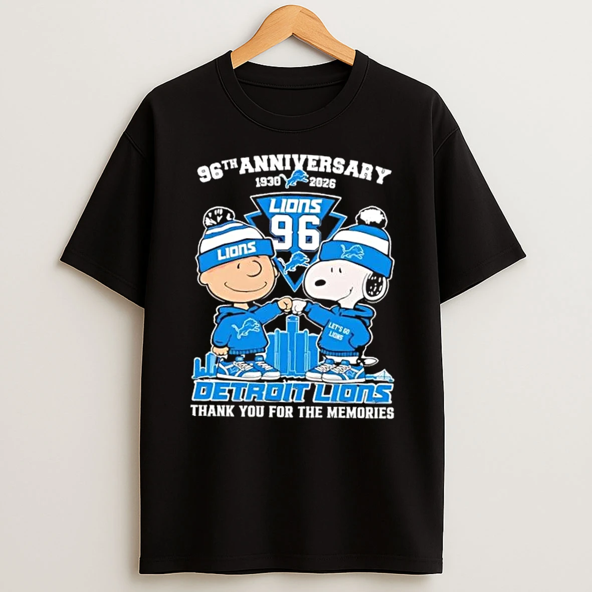 Charlie Brown Fist Bump Snoopy 96th Anniversary 1930 2026 Detroit Lions Thank You For The Memories Skyline T Shirt