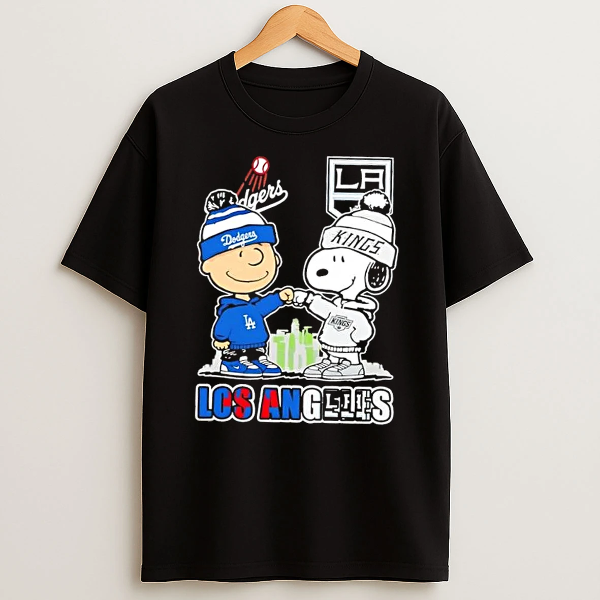 Charlie Brown Fist Bump Snoopy Los Angeles City Sports Dodgers X Kings Skyline T Shirt