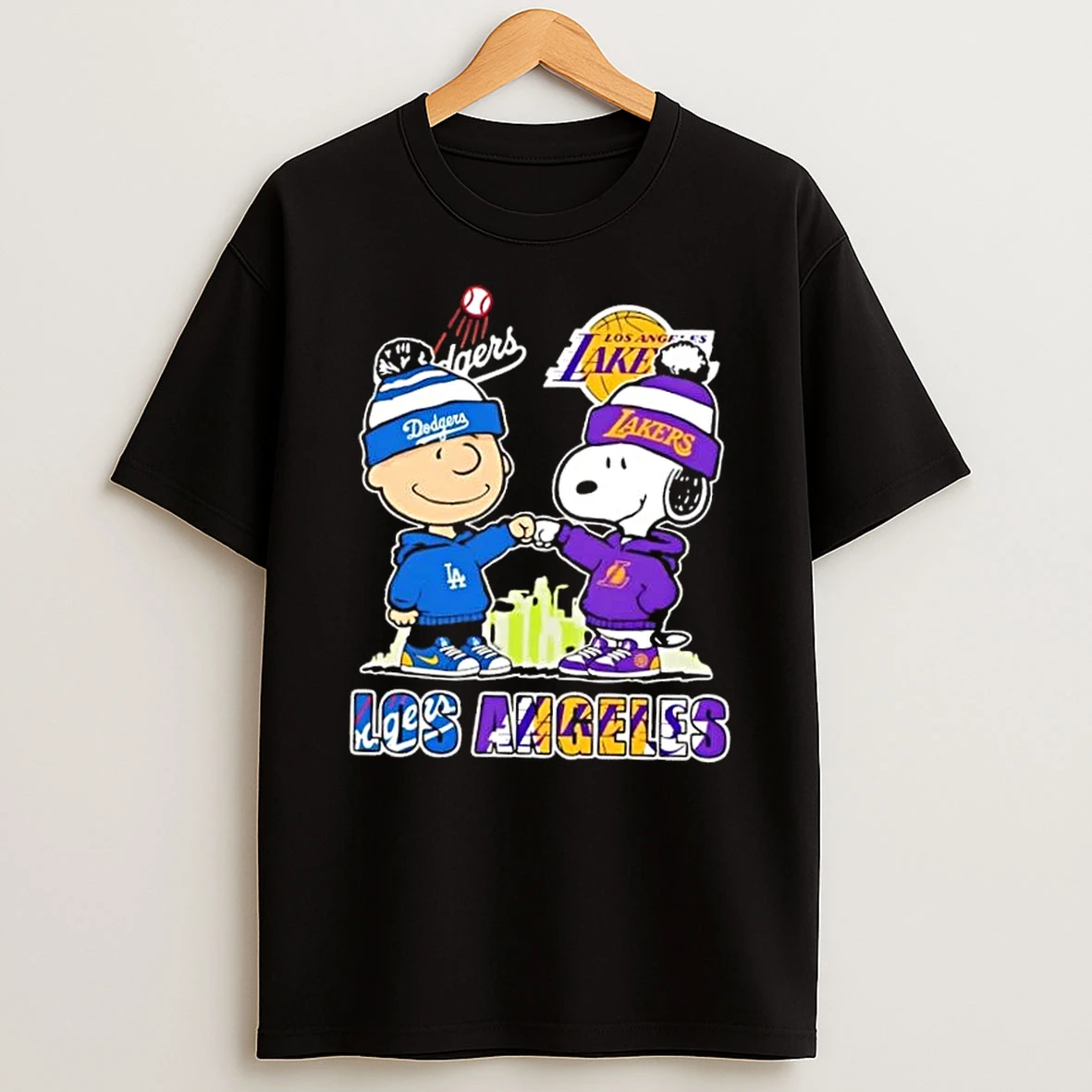 Charlie Brown Fist Bump Snoopy Los Angeles City Sports Dodgers X Lakers Skyline T Shirt