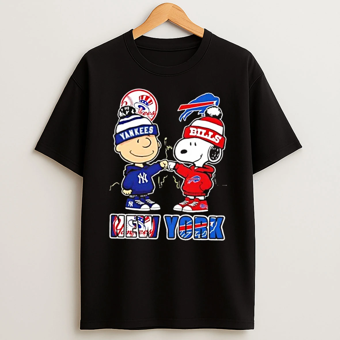 Charlie Brown Fist Bump Snoopy New York City Sports Yankees X Buffalo Bills Skyline T Shirt