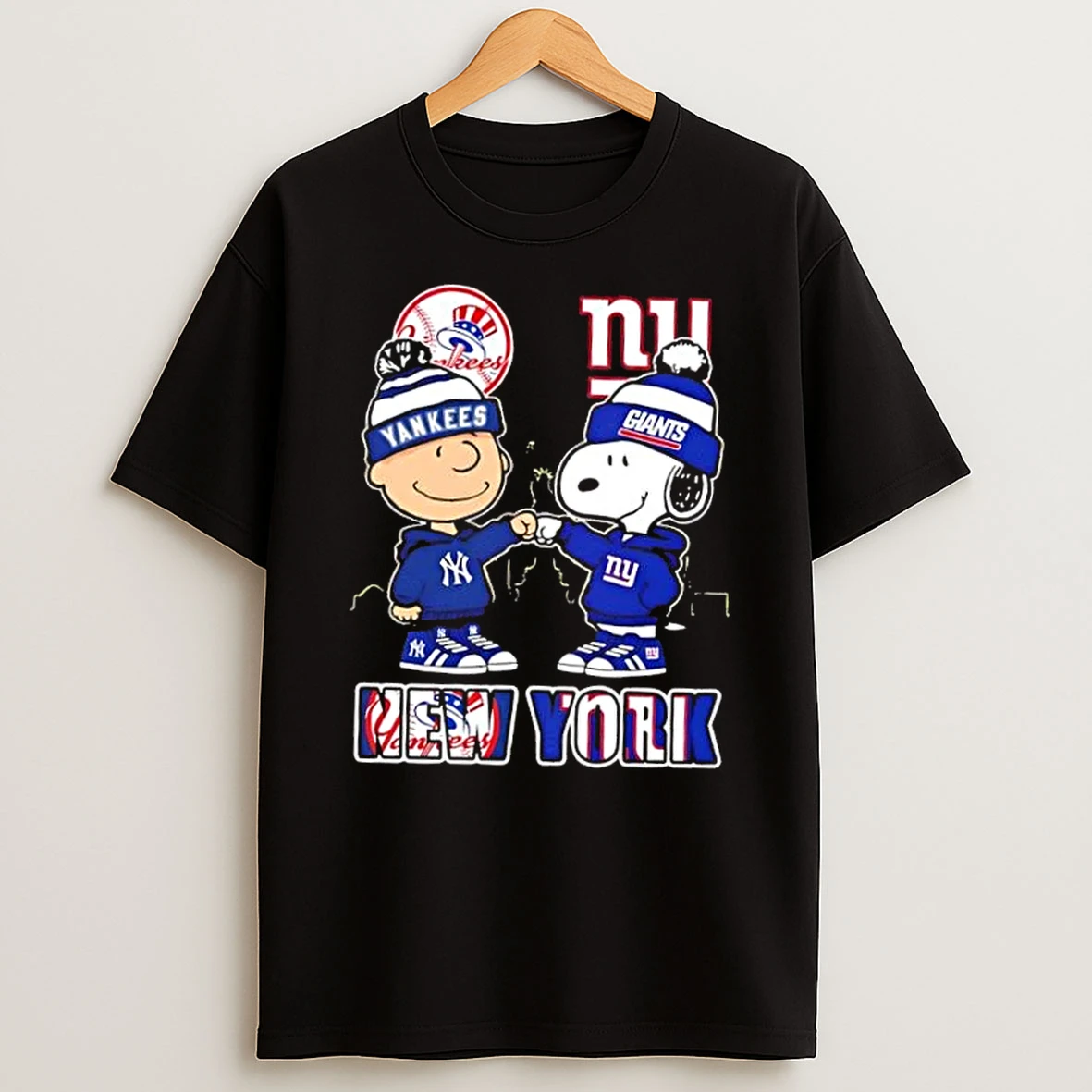 Charlie Brown Fist Bump Snoopy New York City Sports Yankees X Giants Skyline T Shirt